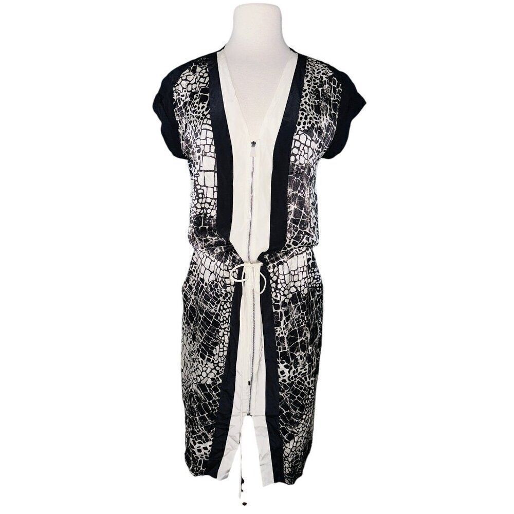 FB6 VINCE Black White Silk Animal Print Blouson Dress   Size 6 Zip Up Black Whit